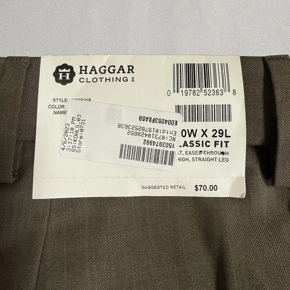 Haggar Men’s E-Clo Dress Pant Classic Fit Khaki Brown Size 40x29 40 No Iron